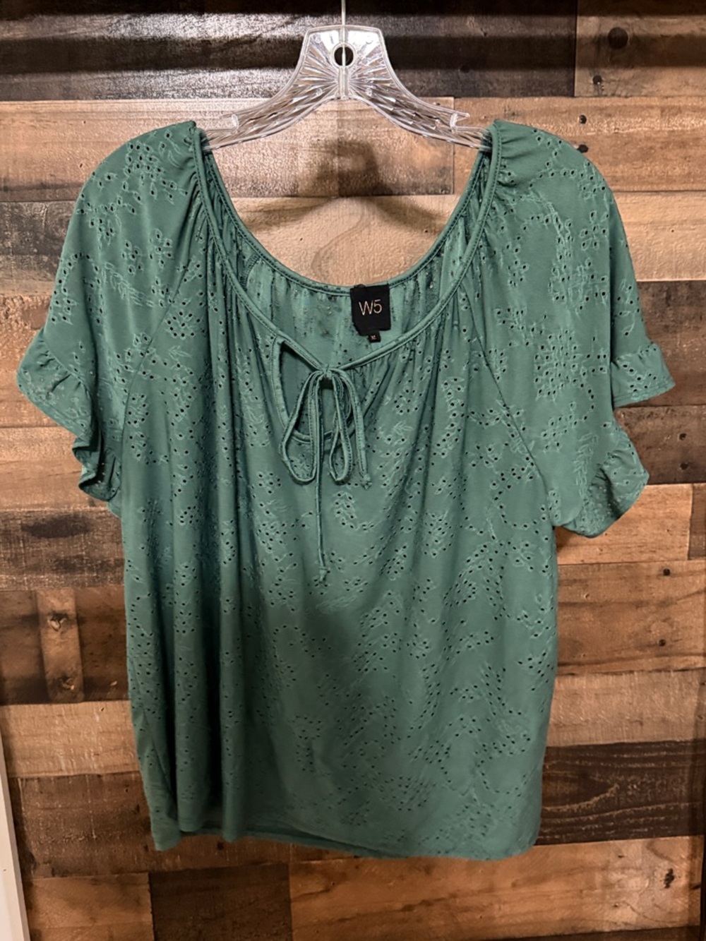 W5 Green Eyelet Tie-Front Short Sleeve Blouse